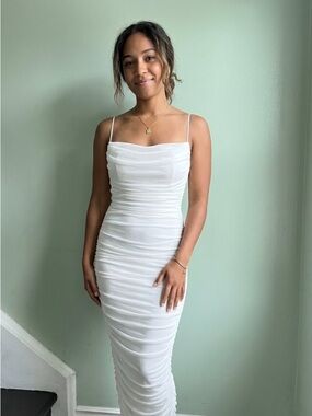 Elegant White Ruched Spaghetti-Strap Dress